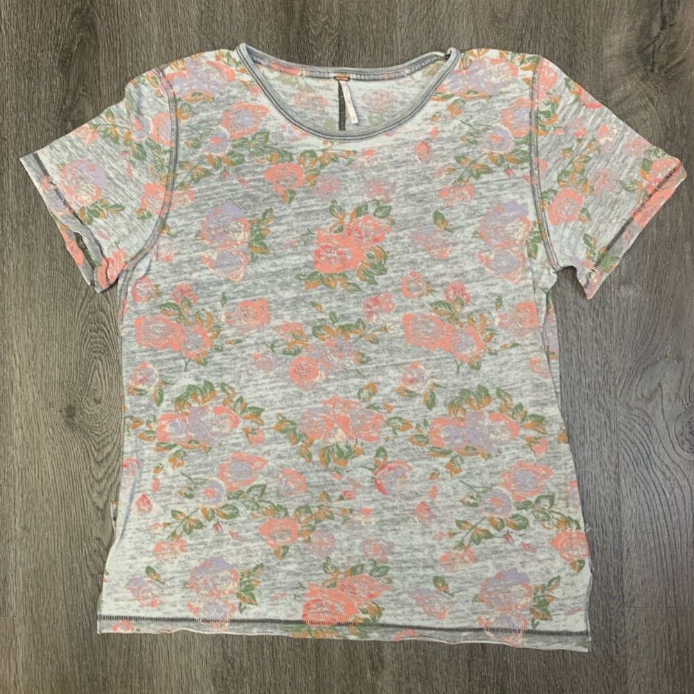 Free People Top Floral Short Sleeve Burnout Thin Lightweight Casual Size Medium